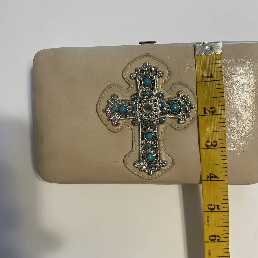 Cream Wallet with Turquoise & Silver Tone Cross